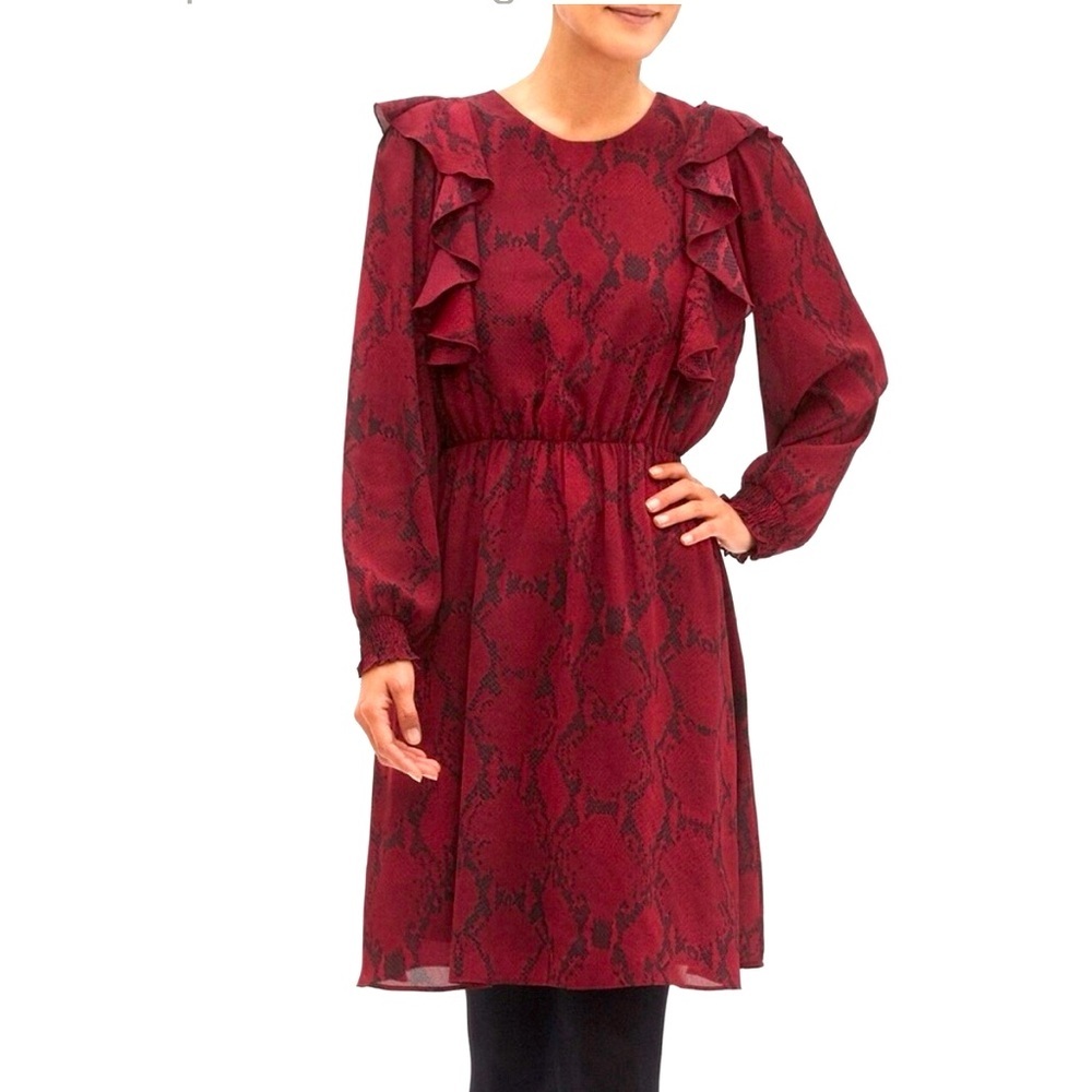 Banana Republic Burgundy Red Long Sleeve Snake Print Dress Large - Picture 1 of 4